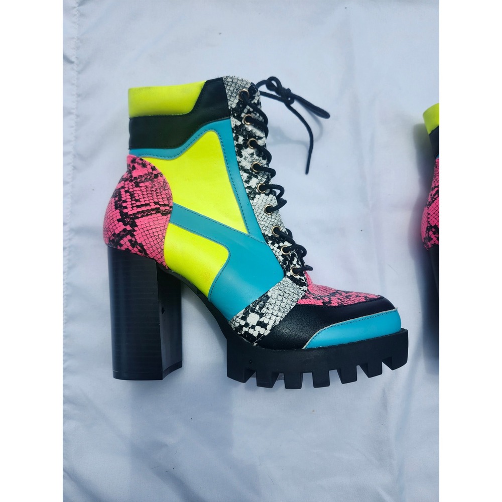 Wild Diva Neon Patchwork Snakeskin Platform Combat Boots Pink Yellow Blue Size 7